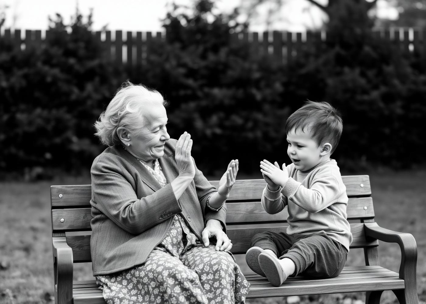 An elderly woman teaches a hand-clapping game to a young child on a bench