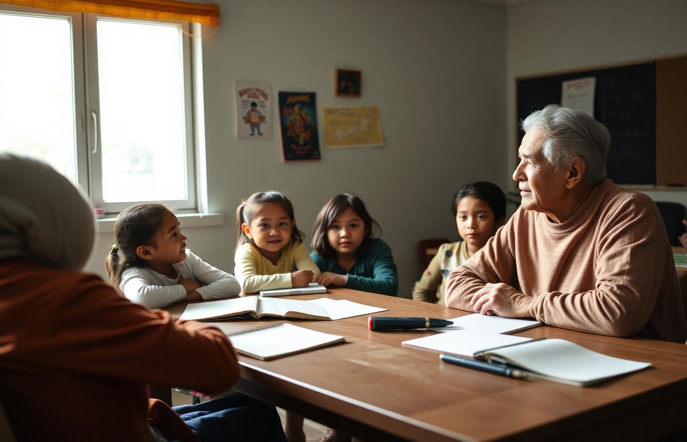 Classroom of diverse children interviewing an older community member
